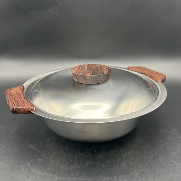 MCM 18/8 Stainless Serving Bowl with Lid Teak Handles Made In Denmark 8.5” - Picture 8 of 14
